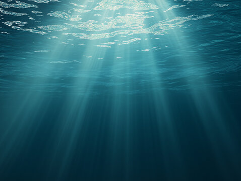 A serene underwater scene with sunlight piercing through the surface of the water, casting soft, diffused rays that illuminate the deep blue ocean below