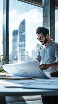 A focused architect studies blueprints in a modern office with city views, showcasing professionalism and creativity.