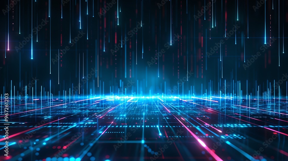 Poster futuristic digital landscape featuring neon lines and data streams, creating a vibrant atmosphere of