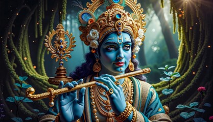 Fototapeta premium Divine Krishna Playing Flute in Enchanted Forest