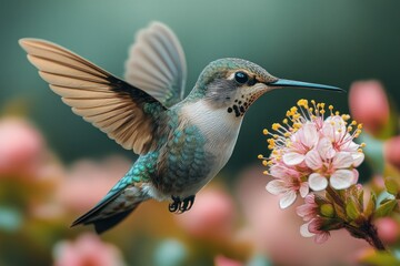 Fototapeta premium Hummingbird in Flight with Floral Background