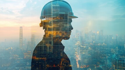 Construction manager planning project, examining building plans, city skyline blending in background, showcasing urban development and architectural vision
