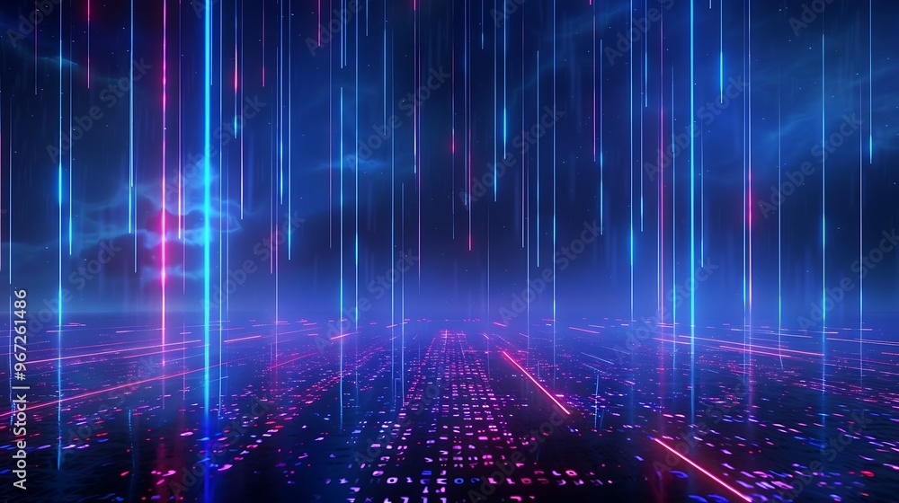Poster futuristic digital landscape featuring vibrant neon lights and data patterns, creating an immersive 