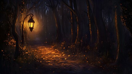 Obraz premium Dark Forest Path with Glowing Lantern and Fallen Leaves