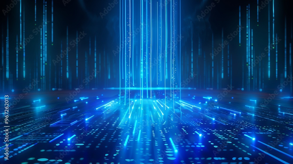 Poster futuristic digital landscape with blue glowing lines and particles, creating a sense of depth and te