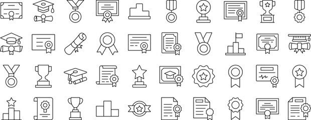Set of Line Icons of Award and Diploma. Editable Stroke. Minimalistic Linear Pictogram for Design of Cards, Apps, Banners, Posts