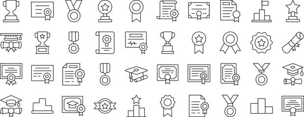 Award and Diploma Outline Web Line Icons Collection. Editable Stroke. Minimalistic Linear Pictogram for Design of Cards, Apps, Banners, Posts