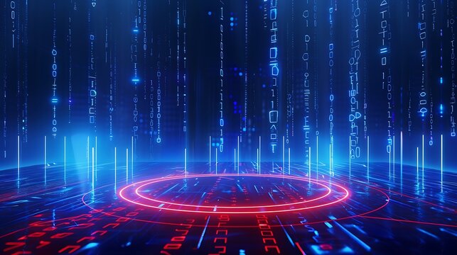 Futuristic digital landscape with glowing binary code raining down in blue and red hues, creating a high-tech atmosphere. Stage for product presentation.