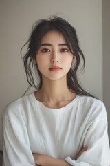 Fototapeta premium A Japanese woman standing in front of a minimalist backdrop, her arms gently crossed, and her left hand resting on her elbow.