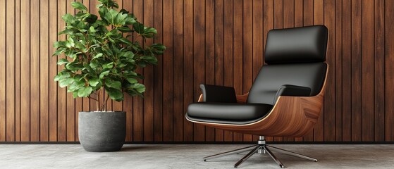 Modern Black Leather Swivel Chair with Wooden Base and Plant in a Contemporary Interior