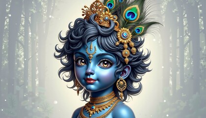 Young Krishna Portrait with Peacock Crown and Golden Jewelry