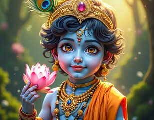 Radiant child Krishna with lotus