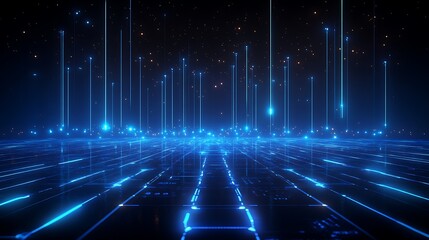 Futuristic digital landscape with glowing blue lines and beams, creating a sense of depth and technology in a dark environment. Stage for product presentation.