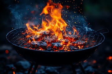 Juicy meat patties grilling over a hot charcoal grill with flames rising high.