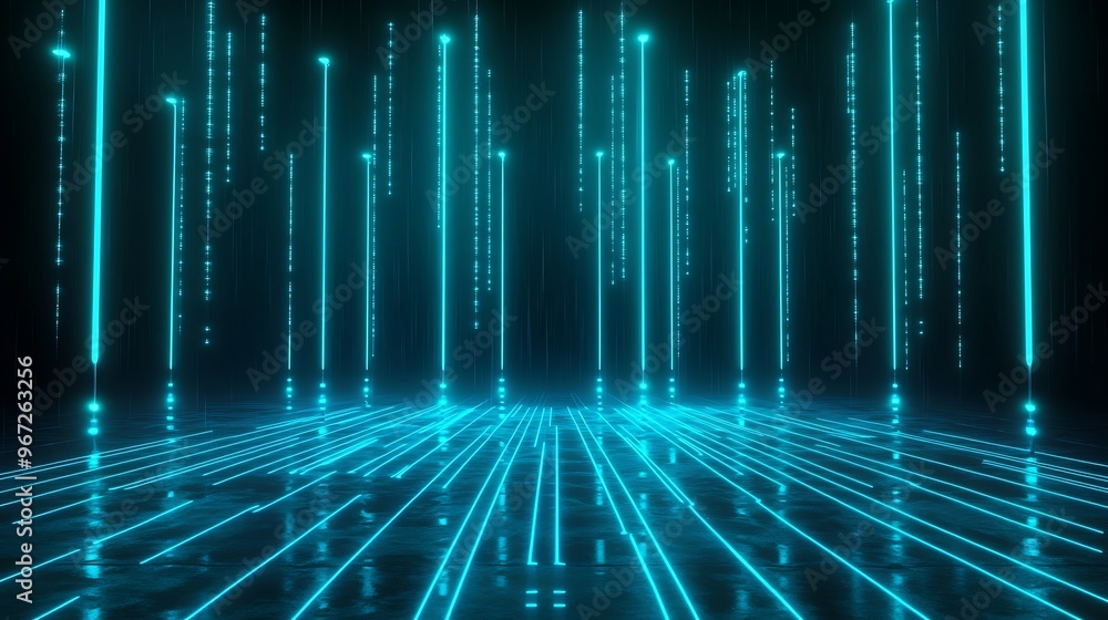 Poster futuristic digital landscape with glowing blue lines and particles creating an immersive virtual env