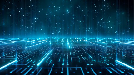 Obraz premium Futuristic digital landscape with glowing blue lines and particles, representing technology and data in motion. Stage for product presentation.