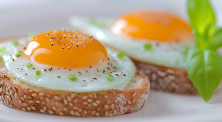 Obraz premium Two eggs on a piece of toast with a sprinkle of pepper