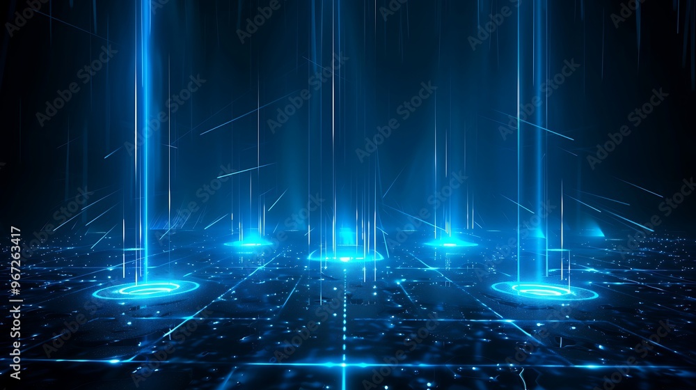 Poster futuristic digital landscape with glowing blue lines and patterns, symbolizing technology and data f