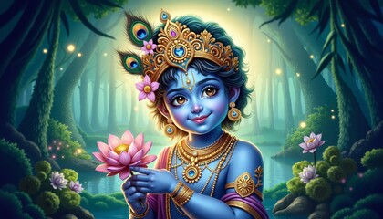 Young Lord Krishna in Enchanted Forest Holding Lotus