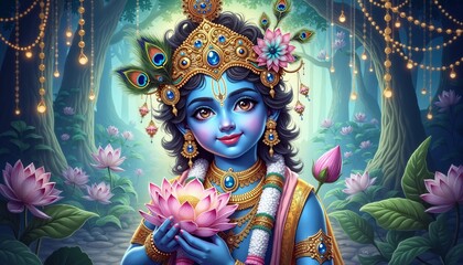 Young Lord Krishna with Lotus in Enchanted Forest