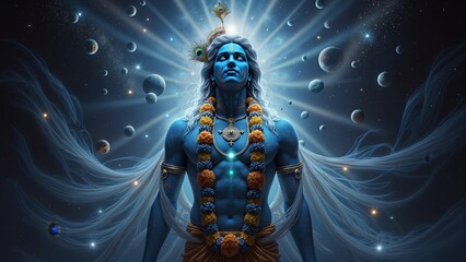 Cosmic Krishna: Divine Blue Deity in Celestial Universe