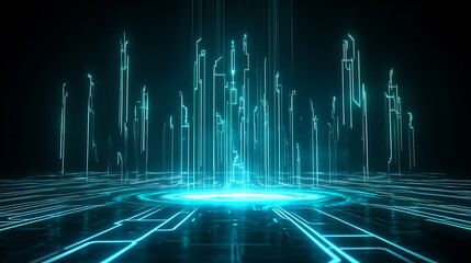 Futuristic digital landscape with glowing blue structures and holographic elements, perfect for technology themes. Stage for product presentation.