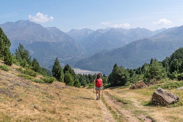 Fototapeta premium Hiker in the Tena Valley. Huesca, Aragon Pyrenees