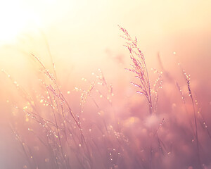 Obraz premium Close-up of dew on grass, foggy sunrise, soft focus, blurry background, shallow depth of field, macro photography, award-winning photography