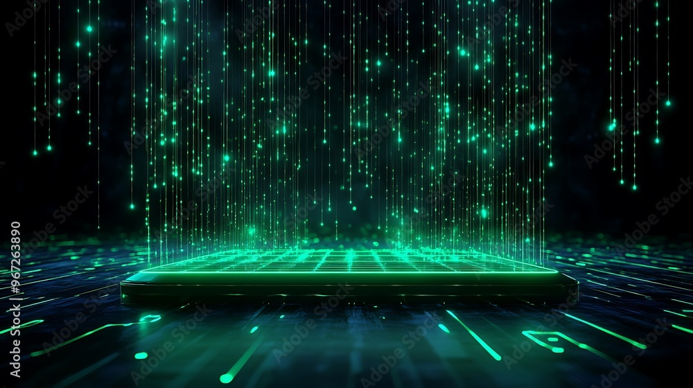 Aufkleber futuristic digital landscape with glowing green data streams and a luminous platform. ideal for tech