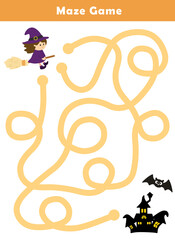 Halloween maze game for kids with cute illustration. Help the witch find the way to her haunted house. Kids labyrinth puzzle.