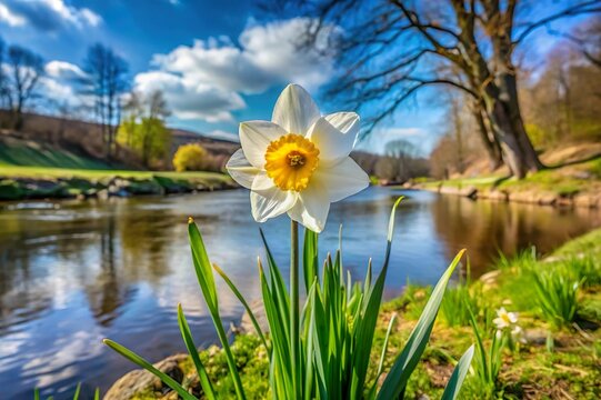 Daffodil white narcissus flower grow by iver on sunny day