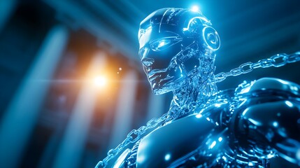 Naklejka premium A robotic figure, adorned with legal chains, is tethered to various courtroom entities, each link representing a different aspect of legal accountability