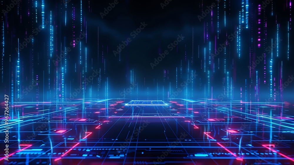 Poster futuristic digital landscape with glowing lines and abstract elements, representing advanced technol