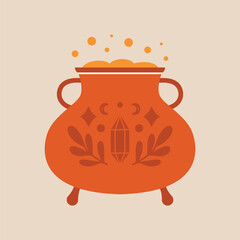 Witch's cauldron with boiling potion. Simple vector isolated illustration to celebrating Halloween. For banner, card, sticker. Witchcraft. Clip art with magic iron pot, wizard accessory.