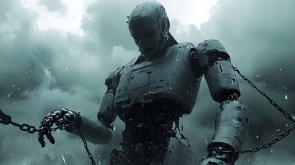 Fototapeta premium In the heart of a legal tempest, a robot struggles as chains of law constrict its movements, the storm intensifying, clouds swirling menacingly
