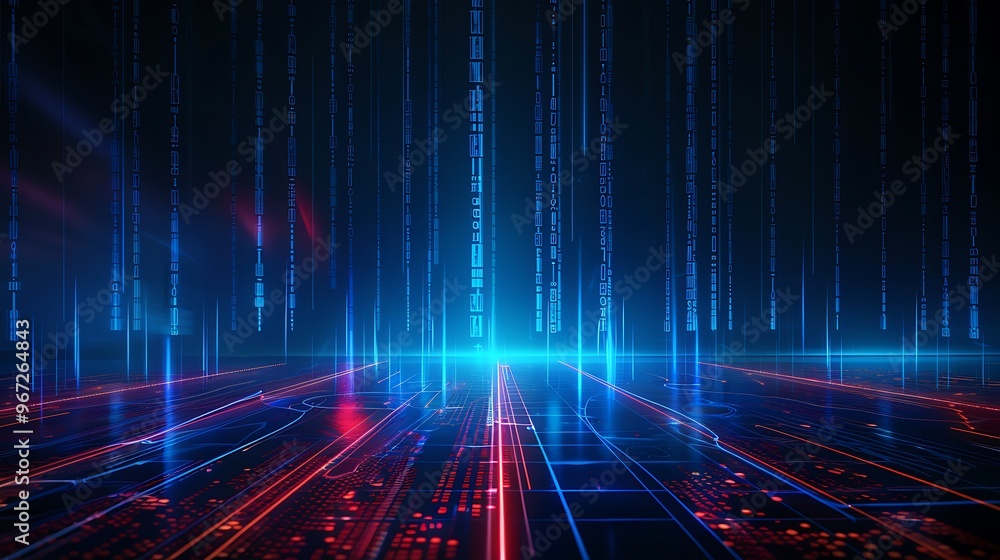 Poster futuristic digital landscape with glowing lines and data streams, creating a vibrant, high-tech atmo