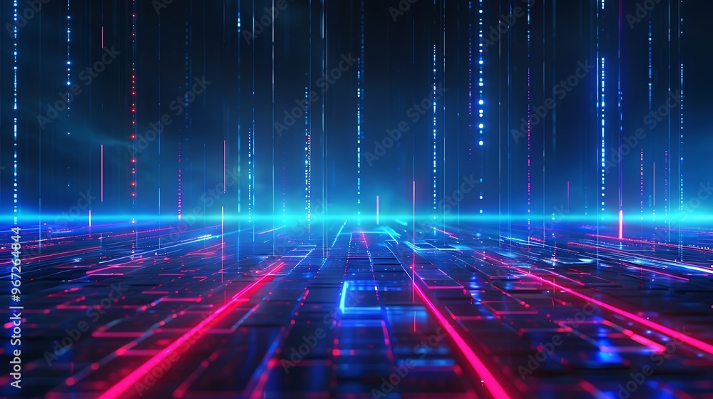 Poster futuristic digital landscape with glowing lines and data streams in blue and red colors. perfect for