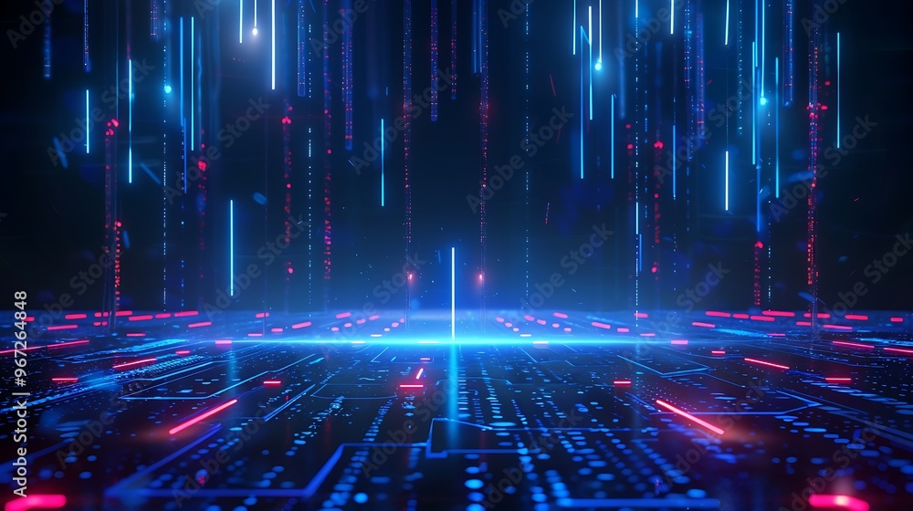 Poster futuristic digital landscape with glowing lines and data streams, ideal for technology and sci-fi th