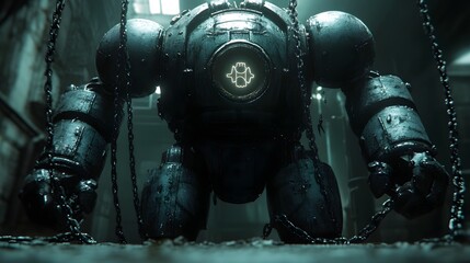 Fototapeta premium A steel-plated robot bound by chains with glowing symbols of human rights, standing in a dark industrial setting, steampunk, low-key lighting, 3D rendering, moody atmosphere