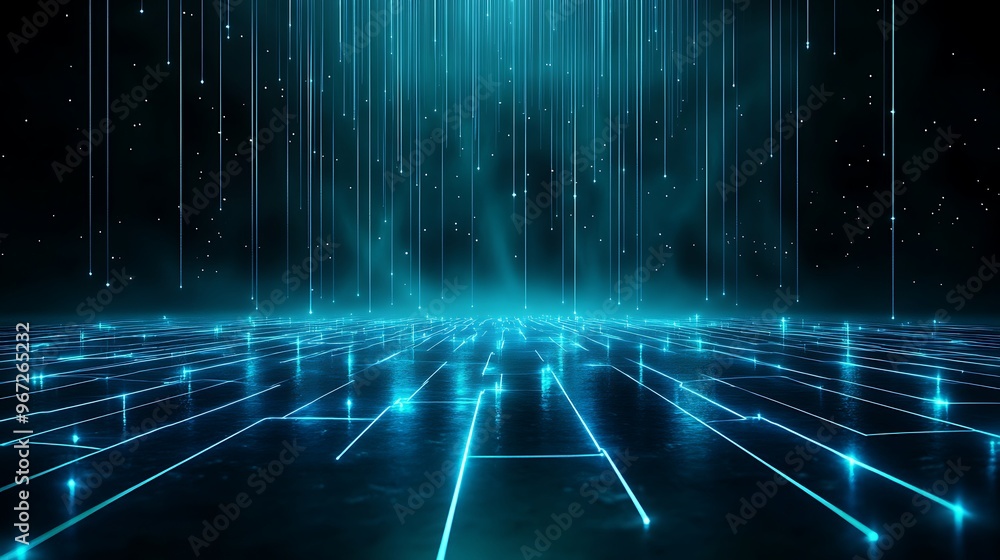 Poster futuristic digital landscape with glowing lines and particles, creating a vibrant and immersive atmo
