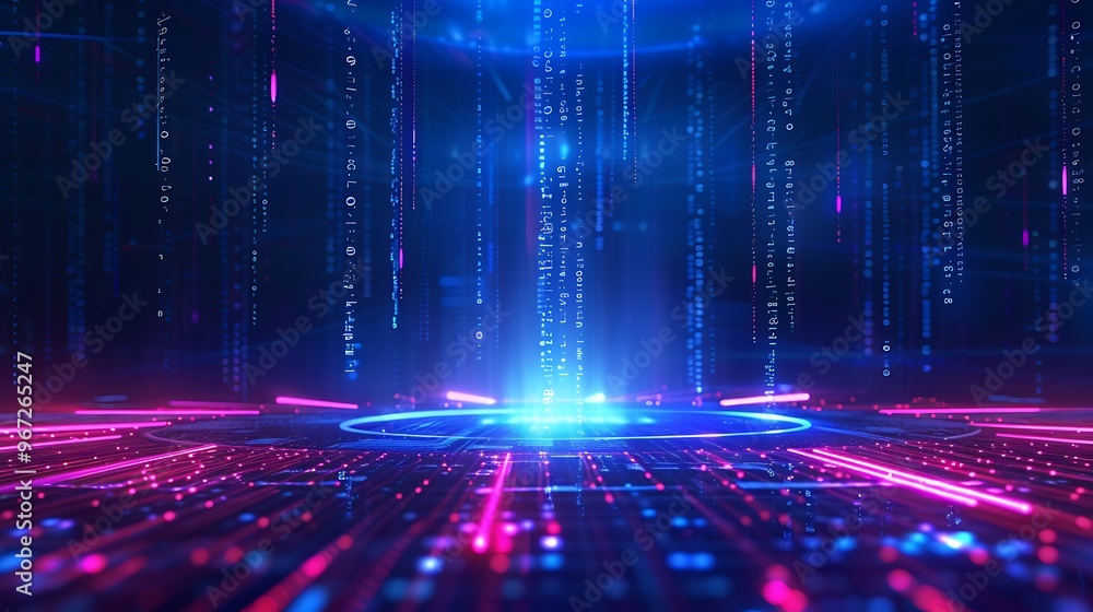 Poster futuristic digital landscape with glowing lines and particles, creating a vibrant, high-tech atmosph