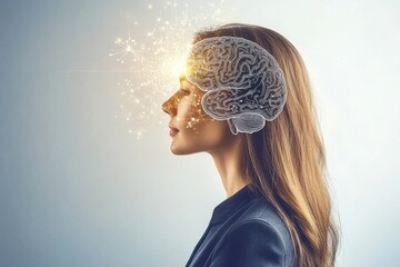 Obraz premium Synaptic transmission synaptic flow brain mapping neural communication and thought waves woman with detailed brain illustration visualizing cognitive function and thought clarity