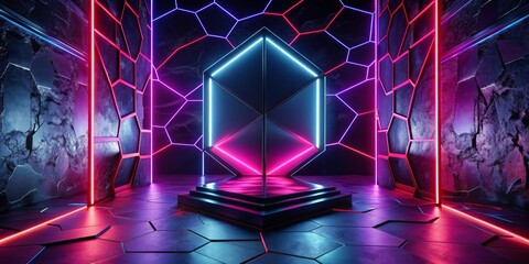 A neon colored room with a cube in the middle