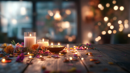 Warm candlelit table with floral decorations and soft bokeh lighting