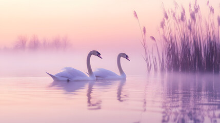 Serene Image of a Pair of Swans Gliding Across a Calm Lake at Dawn with Mist Rising and a Pastel Sky