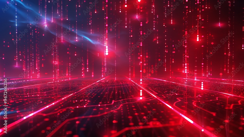 Poster futuristic digital landscape with glowing red and blue data streams, creating a mesmerizing visual e