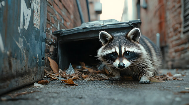 Close-Up of a Raccoon Peeking Out from Behind a Trash Bin in an Urban Alley with a Mischievous Expression