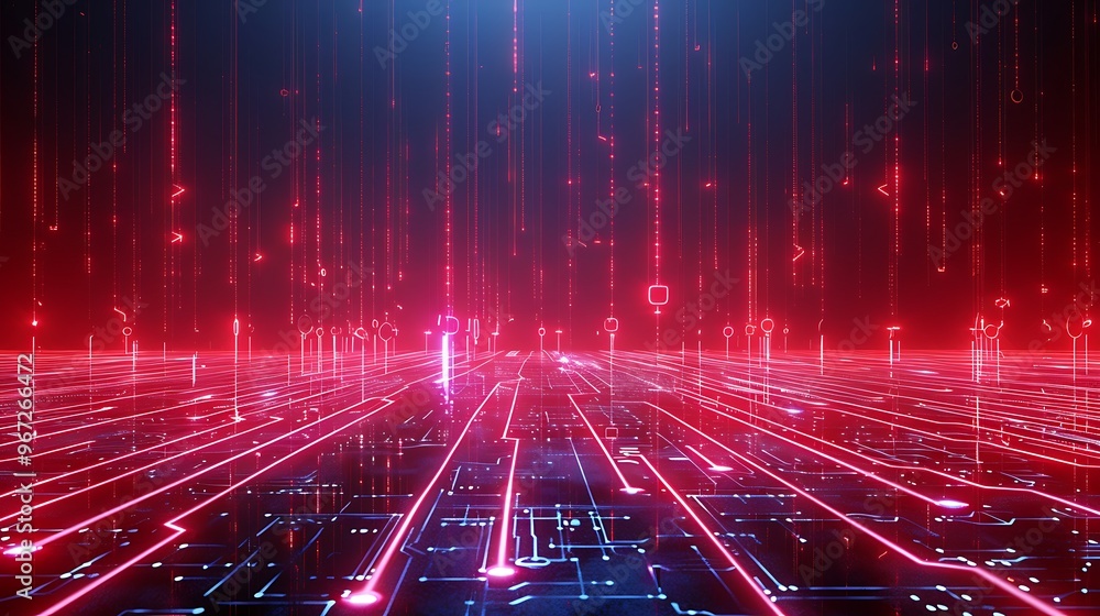 Poster futuristic digital landscape with glowing red lines and matrix-style elements creating a vibrant tec