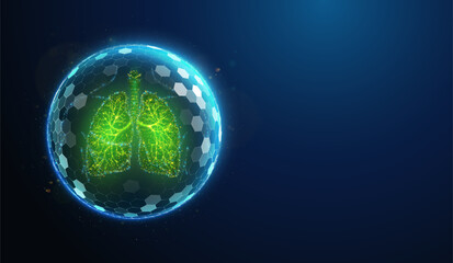 Obraz premium Protected human lungs vector illustration made of neon particles. Human lungs health care concept art in modern abstract style consists of colorful dots.