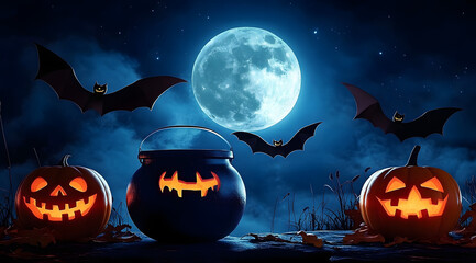 happy halloween graphic pumpkins bats cauldron full moon